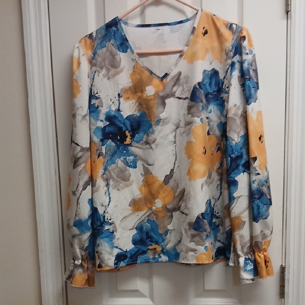 Floral V-Neck Women's Top Size XL Longsleeve